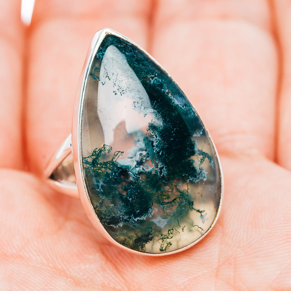Sterling silver teardrop moss agate ring with dark teal green stone and silver bezel