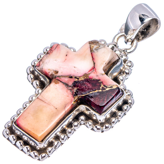 Sterling silver cross pendant with red and pink stone inlay and raised silver border.