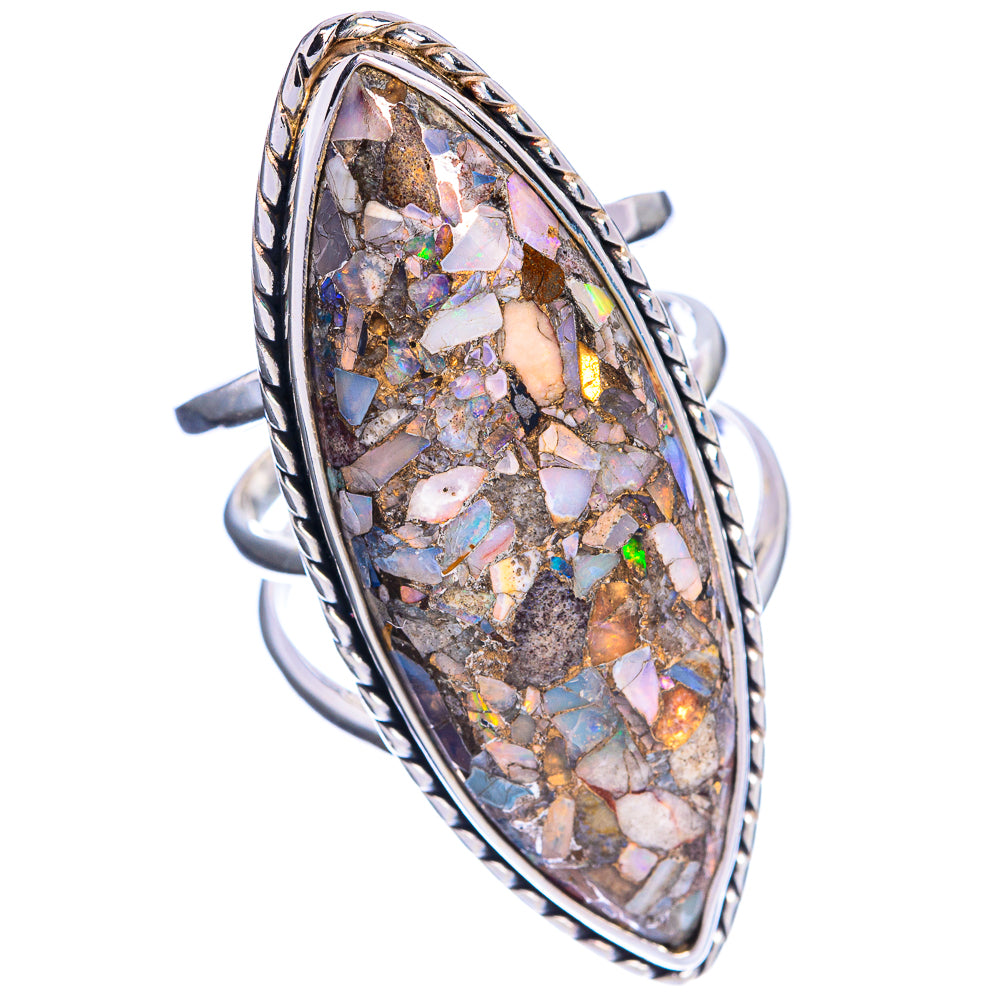 Sterling silver opal mosaic ring, size 8.75, oval gemstone with prong-set bezel