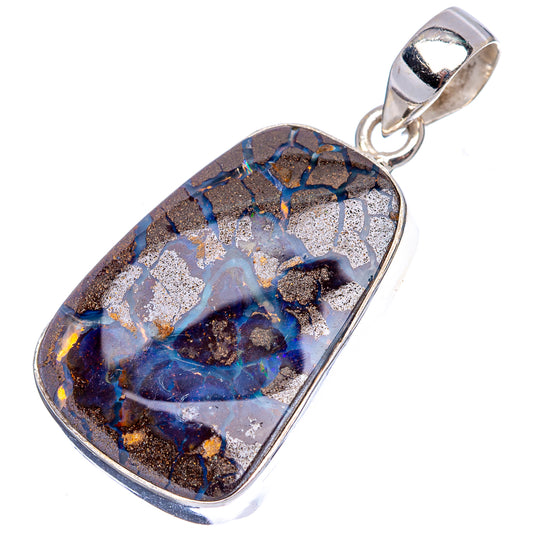 Rectangular blue opal pendant in silver bezel with top loop and bail.