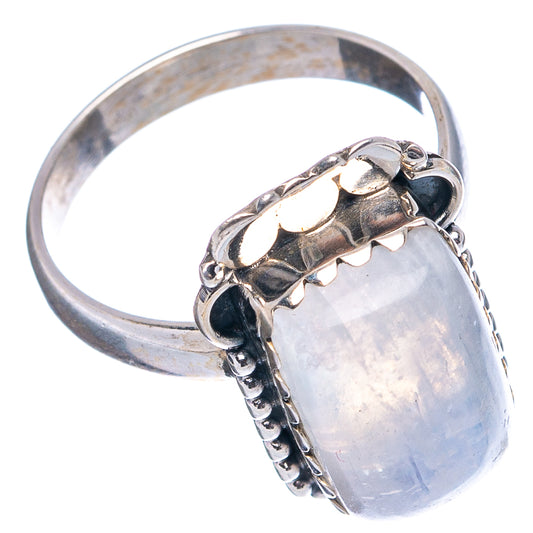 Sterling silver moonstone ring with side view of rectangular opalescent stone bezel