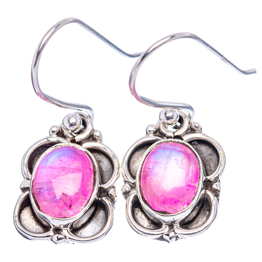 Pink oval moonstone hook earrings in .925 sterling silver with ornate scalloped setting