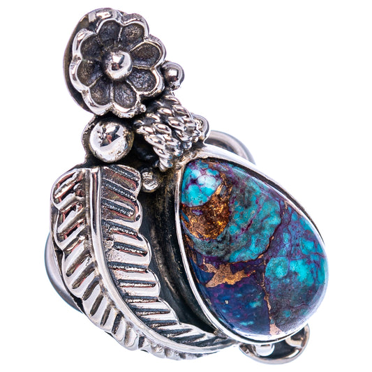 Sterling silver ring with blue-green oval turquoise centerpiece and floral top detail