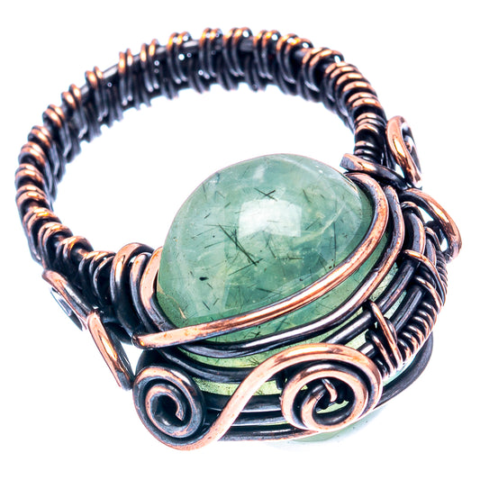 Oxidized copper wire wrap ring with round-oval green prehnite center stone, full band