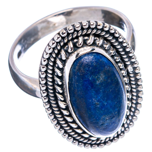 Sterling silver ring with oval blue lapis lazuli cabochon, beaded bezel