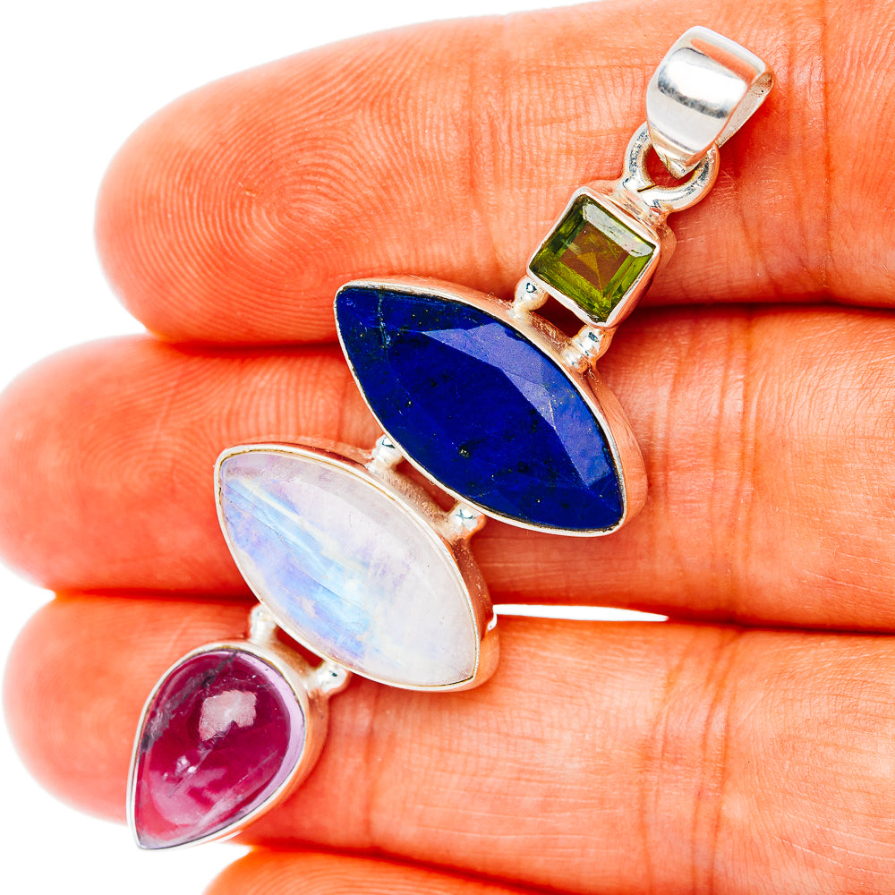 Premium Multi-Gem Rainbow Moonstone, Ametrine, Lapis Lazuli, Peridot Pendant 2 1/8" (.925 Sterling Silver)