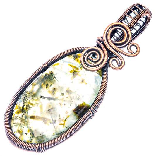 Oxidized copper wire wrap pendant with teardrop prehnite cabochon and spiral bezel