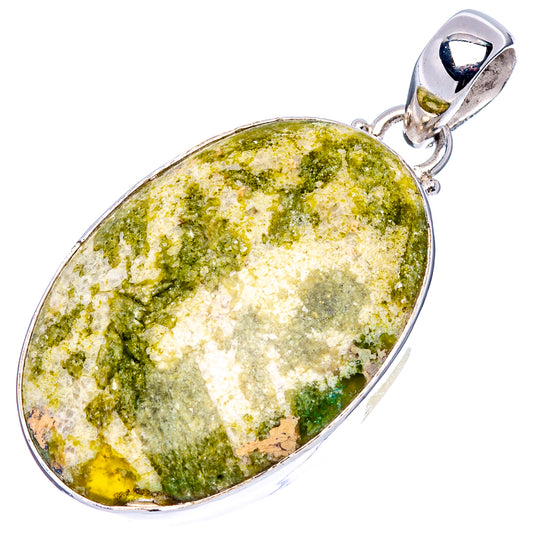Green mottled oval lizardite stone pendant with .925 sterling silver bail and bezel