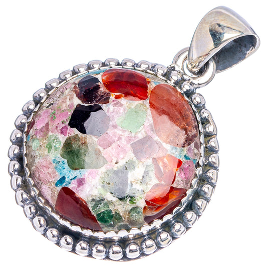 925 sterling silver tourmaline matrix pendant, round multicolor stone mosaic with loop top