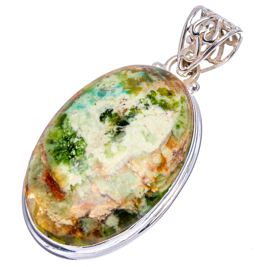 Oval chrome chalcedony gemstone pendant with 925 sterling silver filigree bail