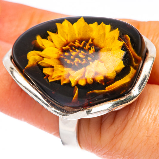 Amber Intaglio Sunflower Ring Size 6 Adjustable (925 Sterling Silver) R3821