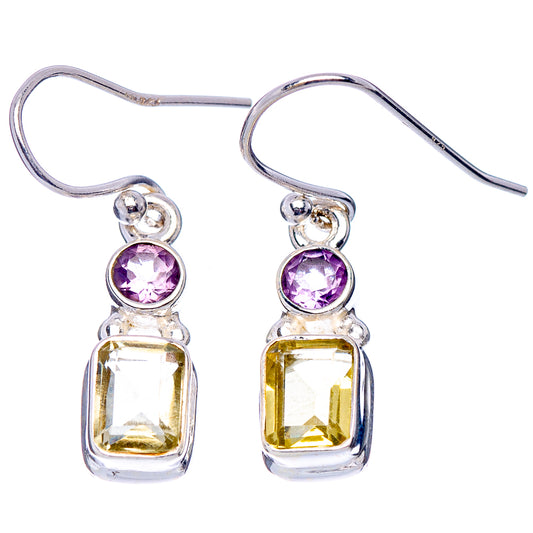 Silver drop earrings with round amethyst top and yellow lemon quartz square pendant