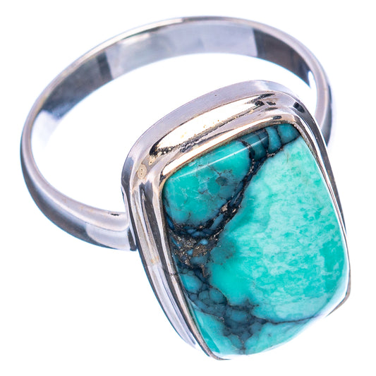 Sterling silver ring with oval turquoise variscite cabochon, black veins, raised bezel