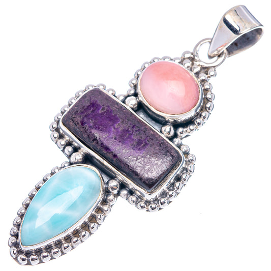 Sterling silver gemstone pendant with pink opal, purple sugilite bar, and blue larimar