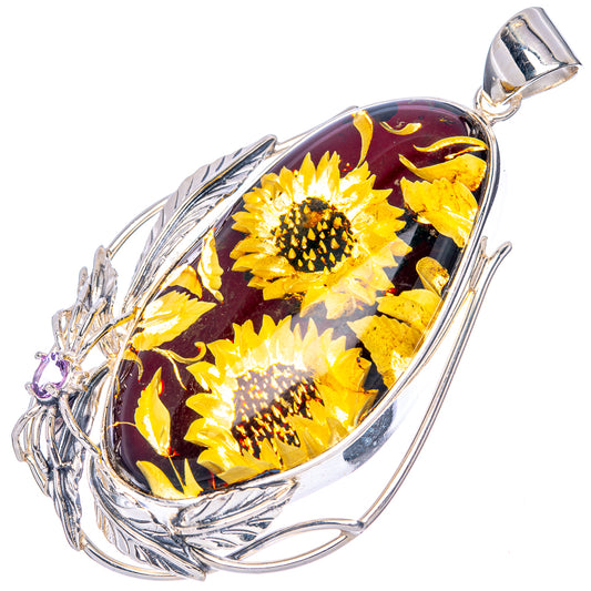 Amber Intaglio Sunflower Pendant 3 1/8" (925 Sterling Silver) P42593