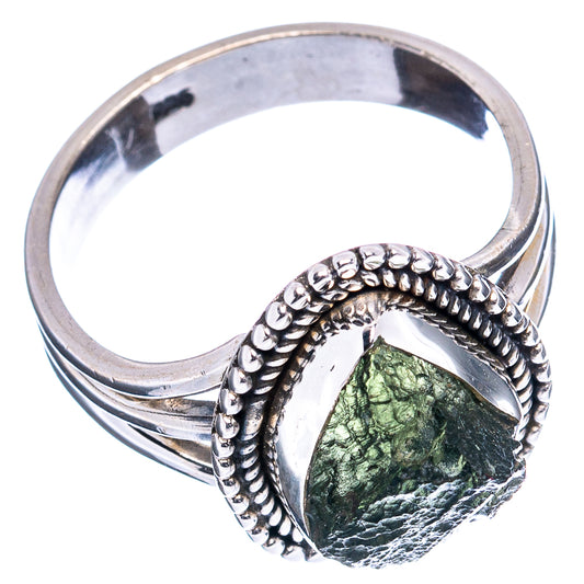 Sterling silver band ring with green Moldavite slice in raised beaded setting