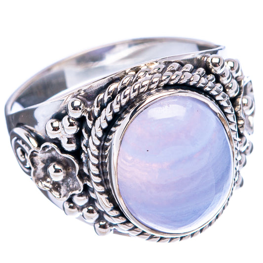 Silver oval blue lace agate ring with braided gallery and raised bezel detail