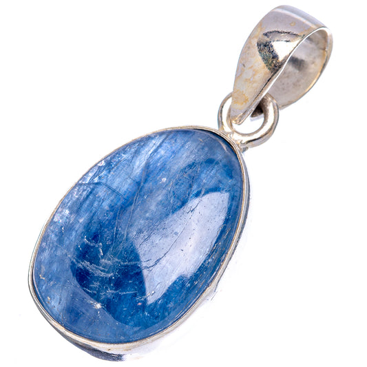 Sterling silver kyanite pendant with oval blue cabochon and round loop bail, polished frame.