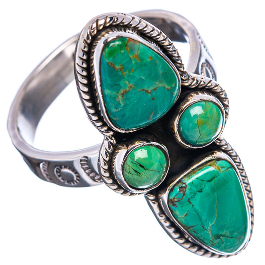 Adjustable sterling silver turquoise ring with four oval green stones and rope bezel
