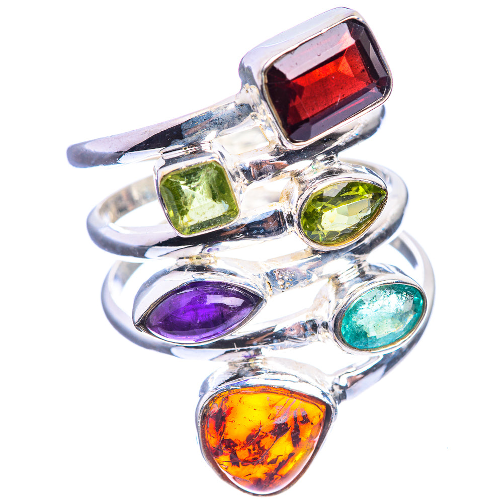 Sterling silver multi-gem ring with red square stone, green round stones, purple oval, amber heart