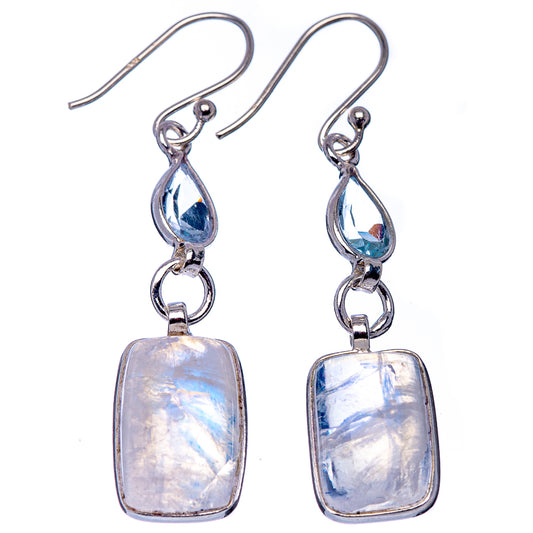 Sterling silver blue topaz and rainbow moonstone drop earrings with rectangular pendants