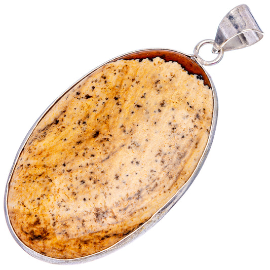Silver-plated oval jasper pendant in openwork bezel; brown-and-gold speckled stone