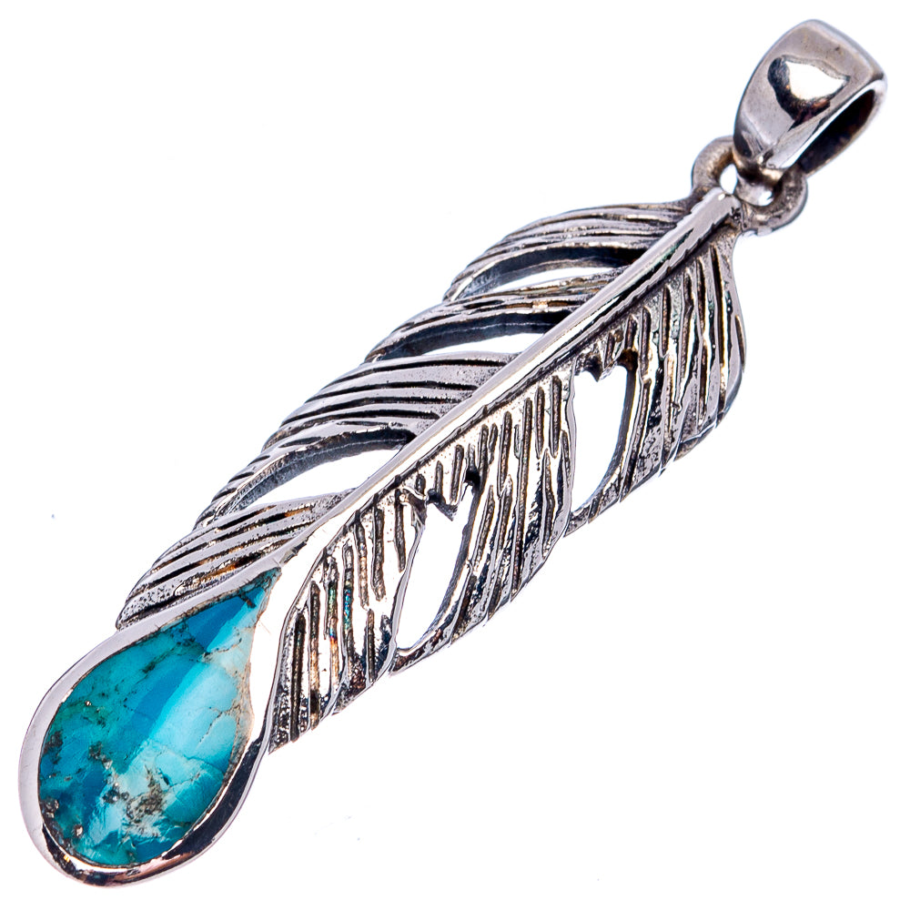 Native Style Mohave Turquoise Feather Pendant 1 3/4" (.925 Sterling Silver)