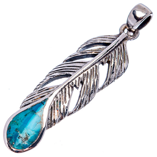 Sterling silver feather pendant with blue-green turquoise teardrop stone, loop bail