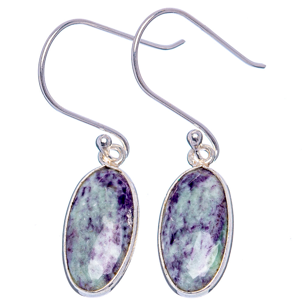 Sterling silver oval drop earrings, dangle hooks with purple-green cabochon stones