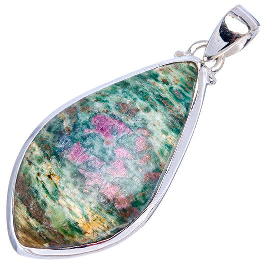 Sterling silver teardrop pendant with green fuchsite, pink patches, and bail loop