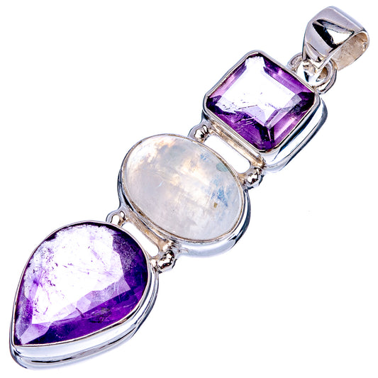 Sterling silver 3-stone pendant: amethyst teardrop, moonstone oval, amethyst square