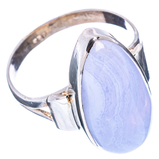 Sterling silver oval blue lace agate ring, side view; bezel-set gemstone on split band