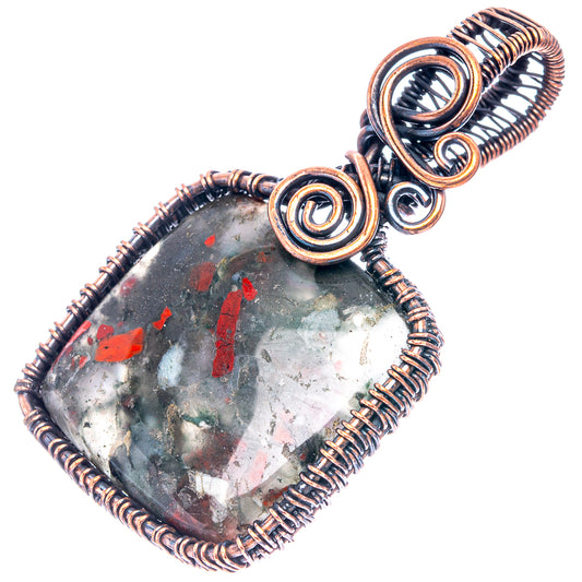 Bloodstone wire wrap pendant in oxidized copper, teardrop stone with red speckles