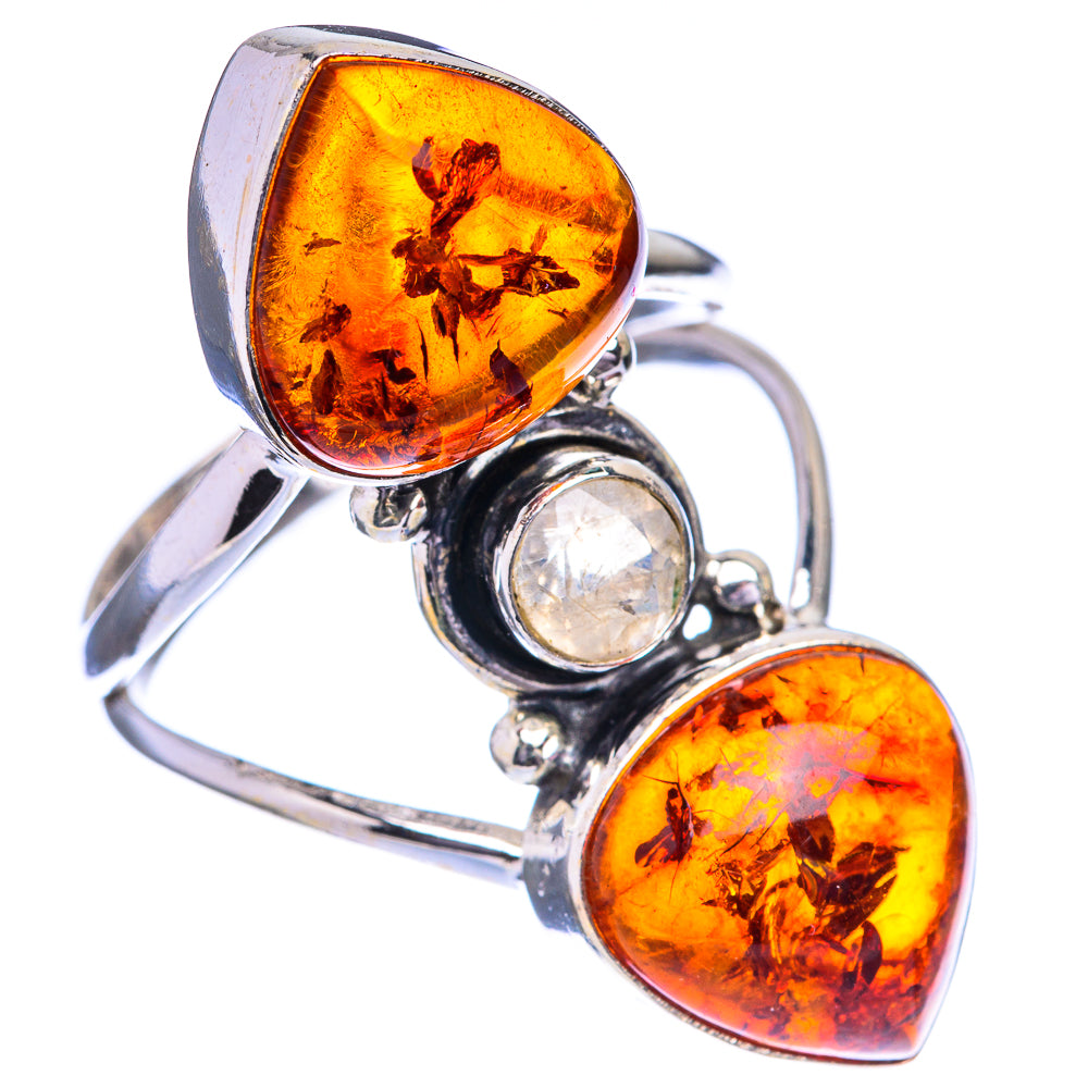 Large Baltic Amber, Rainbow Moonstone Ring Size 10 (925 Sterling Silver) R142747