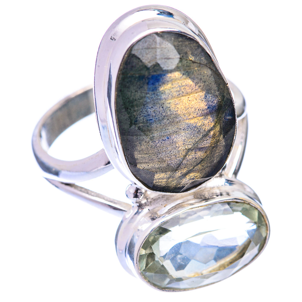 Sterling silver gemstone ring with oval multicolor labradorite and oval clear quartz