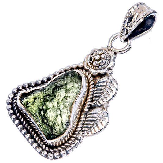925 sterling silver moldavite pendant, green teardrop stone with ornate bail