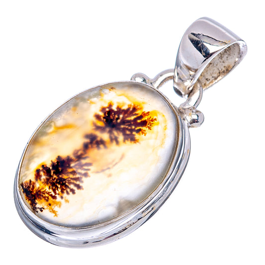 Oval dendritic agate cabochon pendant in sterling silver, dark dendrite pattern