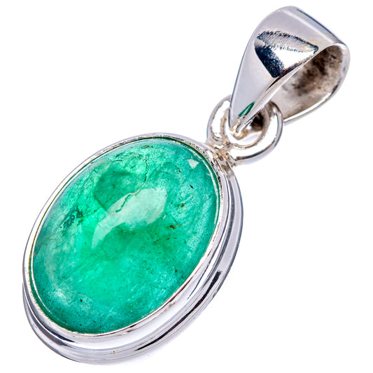 Oval green emerald pendant with .925 sterling silver bezel and loop bail