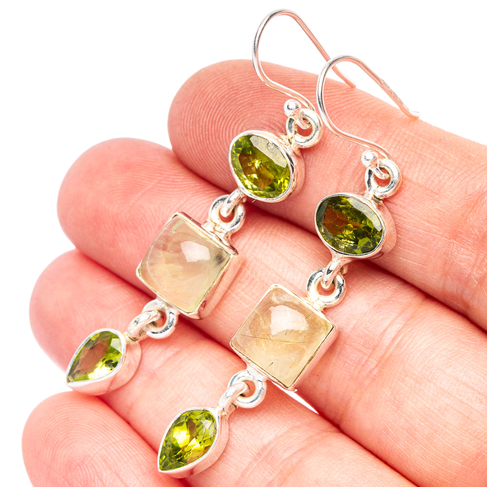 925 sterling silver drop earrings with green oval and pale yellow square gemstones