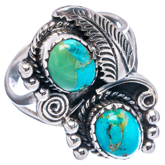 Turquoise cabochon ring, sterling silver with ornate setting and two blue-green stones