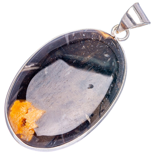 Silver-plated black banded agate oval pendant with gray center and orange-yellow bands