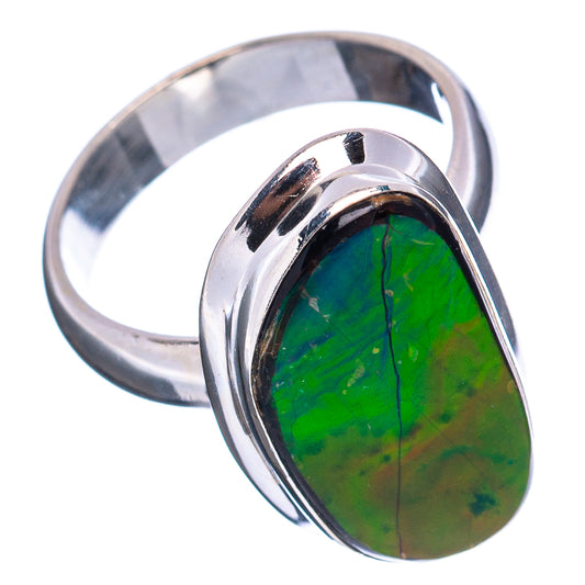 Sterling silver ammolite ring with oval green iridescent stone, polished bezel and band
