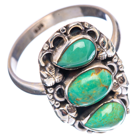 Adjustable .925 sterling silver ring with three oval green turquoise stones and carved band