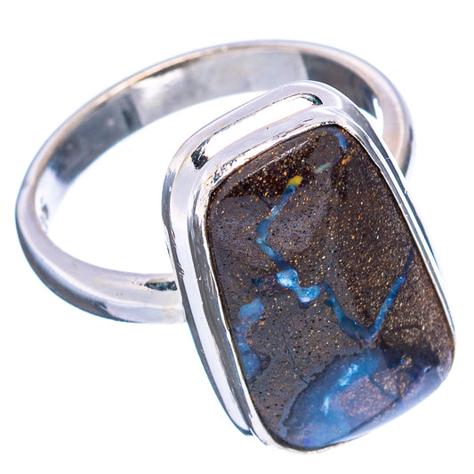 Sterling silver boulder opal ring, oval black stone bezel with vivid blue pattern