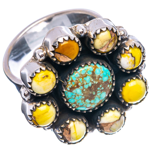 Silver adjustable ring with round turquoise center and yellow inlaid gemstone accents