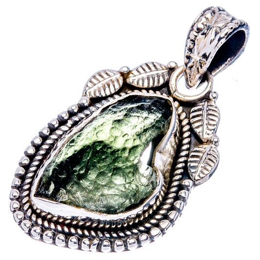 Sterling silver moldavite pendant with green teardrop gemstone, detailed leaf settings