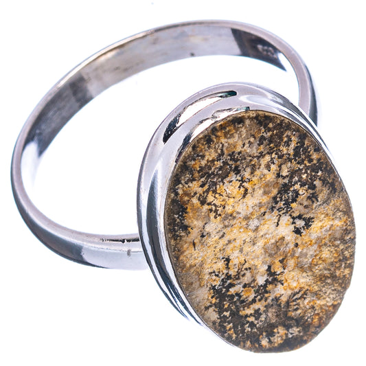 Sterling silver band oval ring with psilomelane stone, yellow-gold speckled dark matrix