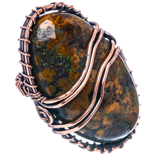 Oxidized copper wire wrap ring with elongated agate cabochon, mottled green, gold, gray