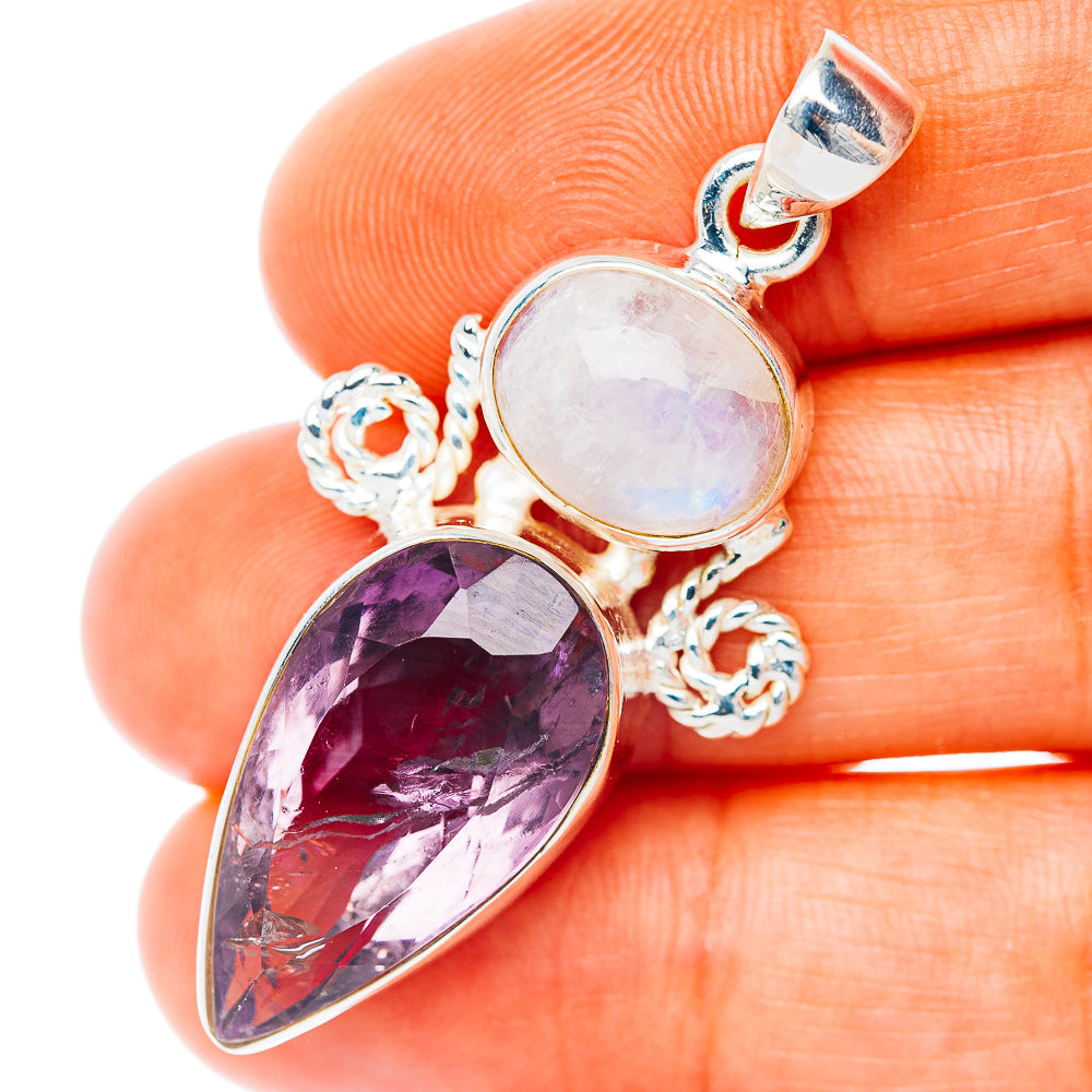 Premium Multi-Gem Amethyst, Rainbow Moonstone Pendant 1 3/4" (.925 Sterling Silver)
