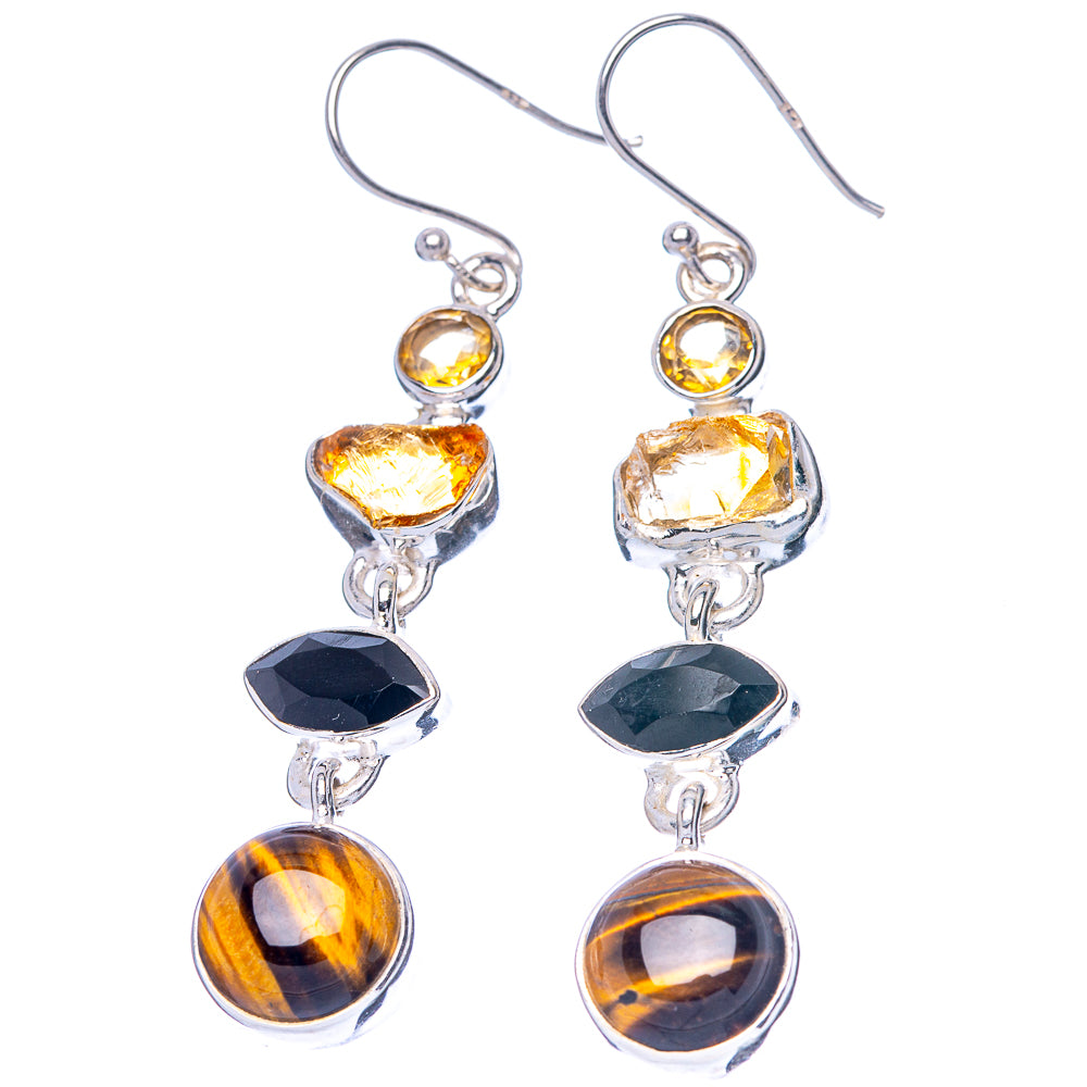 Sterling silver gemstone drop earrings: citrine top, black onyx middle, tiger eye bottom